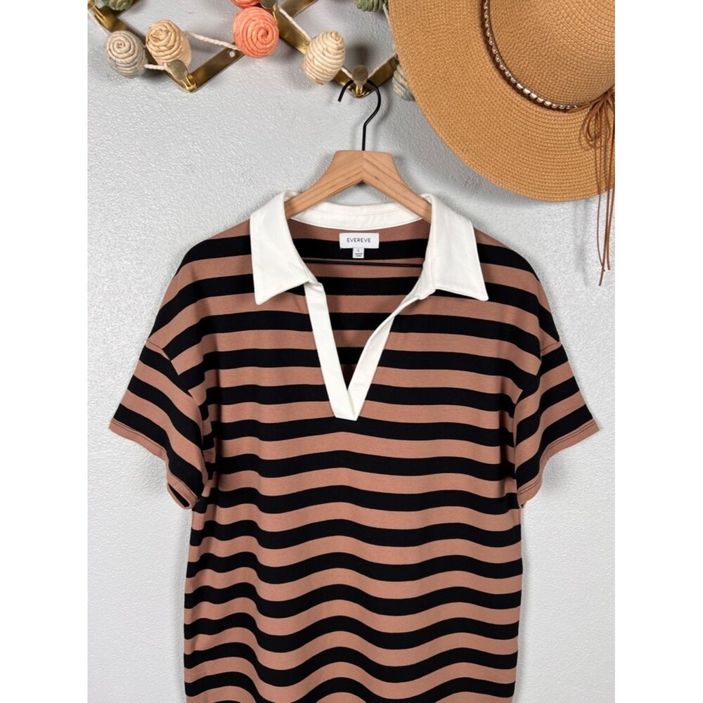 Evereve Nova Polo Mini Shirt Dress Cotton Chocolate Brown/Black Striped Large - Picture 4 of 9